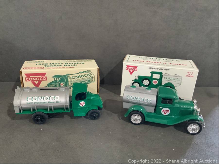 2 conoco truck banks; ERTL 1926 mack bulldog tanker bank and liberty  classic 1929 model A tanker bank Auction | Shane Albright Auctions