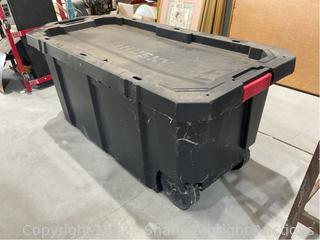 Husky 45 Gal. Latch and Stack Tote with Wheels in Black with Red