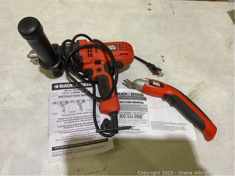 Black Decker Drill and Powered Scissors. Auction Shane