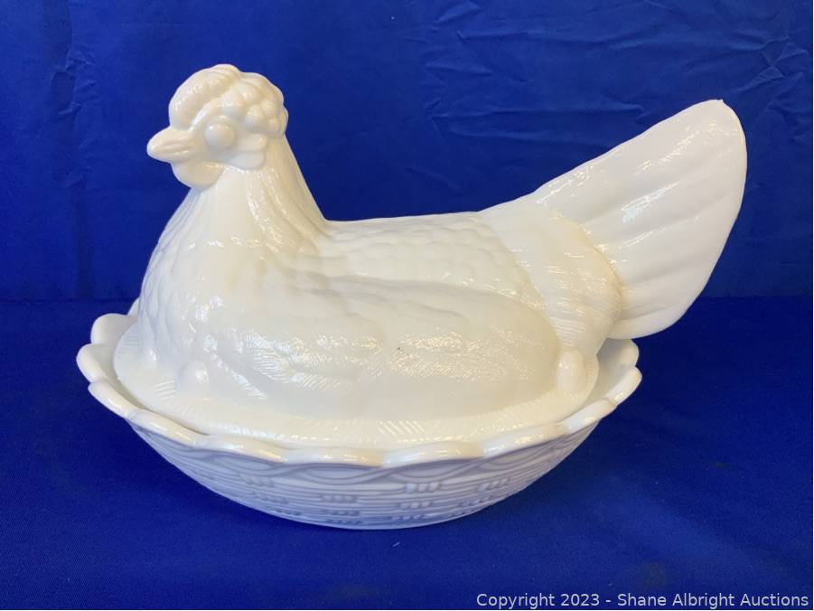 Sold at Auction: 2 Blue and White Milk Glass Hens on Nests Covered Dishes